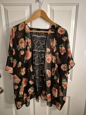 Unlisted Black Sheer Floral Kimono with Peach Roses